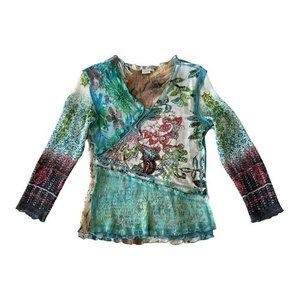 Alberto Makali rare vintage rouched, sequin, glitter 3/4 sleeve top. Size S.